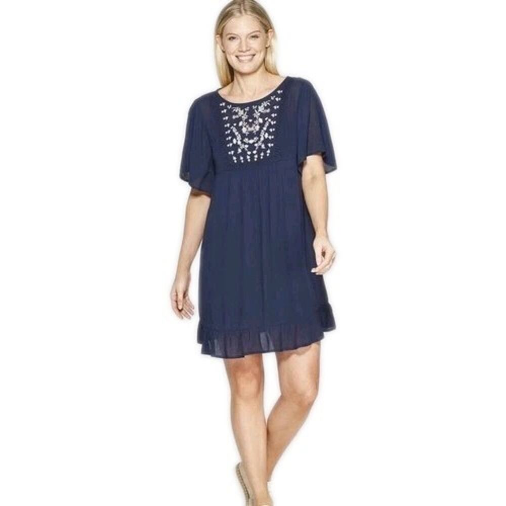 KNOX ROSE Navy Blue Embroidered Mini Peasant Dress Short Sleeve Women's Medium